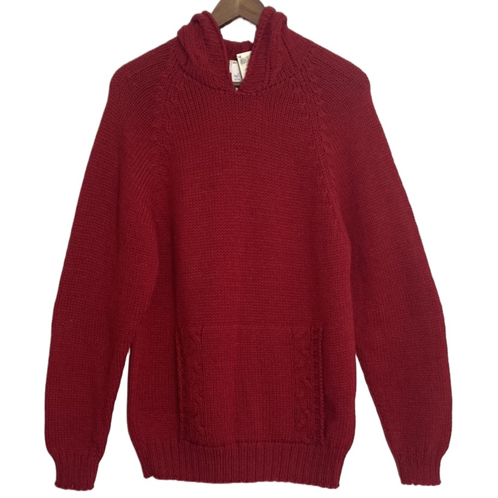 New Handmade Sweater Womens Medium Red Merino Wool Cable Knit Hoodie PEI Canada